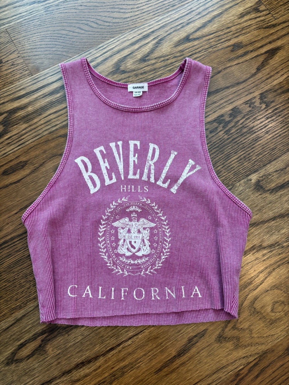 garage purple cropped graphic tank top
